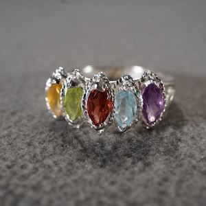 Vintage Sterling Silver Wedding Band Stacker Design Ring 5 Marquise Prong Set Garnet African Amethyst Citrine Blue Topaz Peridot, Size 7