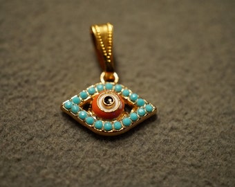 Vintage Yellow Gold Plated Greek Eye Of God Design Pendant Charm Enameled Multi Round Glass Rhinestone Halo Setting Classic Collectable