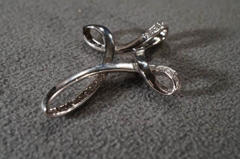 Vintage Sterling Silver Religious Design Cross Pendant Charm Slide Enhancer 20 Prong Set White Topaz Dimensional Art Deco Style #2584