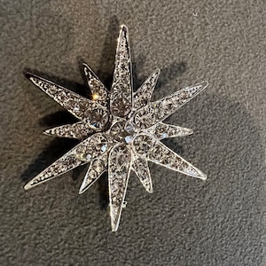 Vintage Silver Tone Pin Brooch Enhancer Slide Pendant Charm Multi  Round Rhinestone Floral Starburst Design Classic Art Deco Style