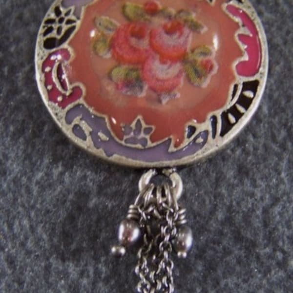 Vintage Silver Tone Designer Signed Pilgrim  Danish style Floral Enamel pendant  Lavaliere Necklace Chain   W