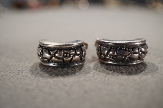 Vintage Sterling Silver Half Hoop Design Pierced Earrings Fancy