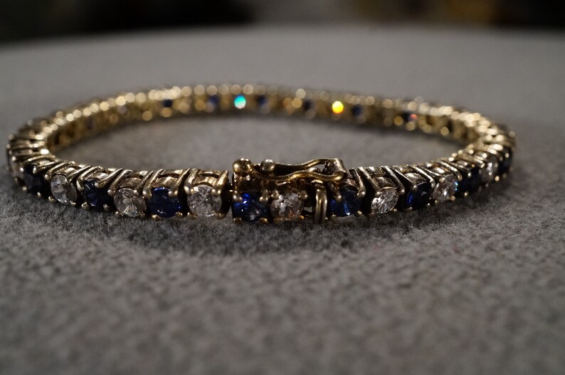 Vintage Sterling Silver Gold Overlay Tennis Bracelet 40 Round Prong Set Blue Clear Cubic Zirconia Line Link Station Art Deco Style #2732