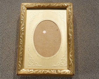 Vintage Yellow Gold Tone Bronze Picture Frame Fancy Etched Scrolled Raised Relief Design Frame Table Top Easel Home Decor Victorian Style