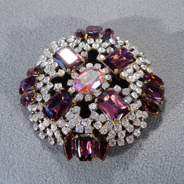 Vintage Czech Designer Signed Bijoux M.G. Round Marquise Rectangle Purple Aurora Borealis Glass Rhinestone Big Domed Pin Brooch      #118