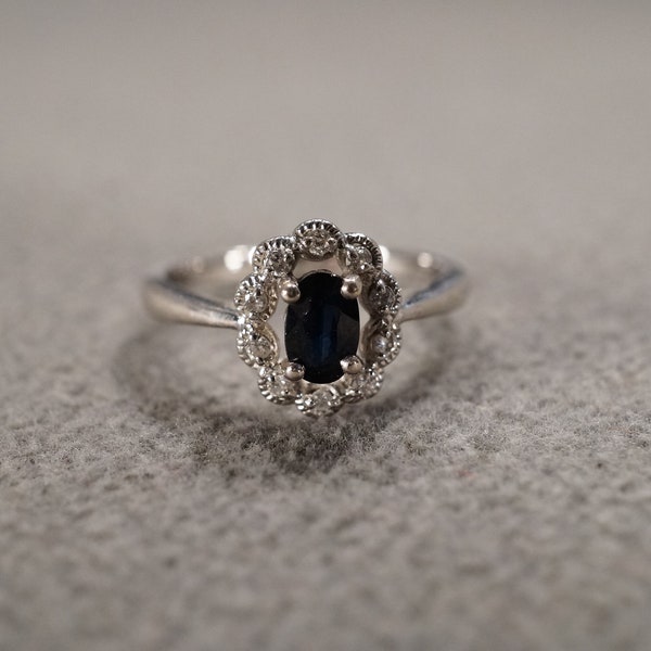 Vintage Wedding Band Stacker Design Ring Sterling Silver 11 Oval Round Prong Set Blue Sapphire Diamond Multi Stone Halo Setting, Size 6