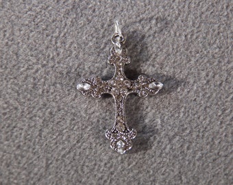 Vintage Silver Tone Multi Round Rhinestone Fancy Detailed Art Deco Style  Cross Pendant Charm