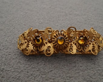 Antique Vintage Signed Czechoslovakia Gold Tone Pin Brooch 3 Round Prong Set Glass Rhinestones Scrolled Etched Filigree Victorian Style 3304