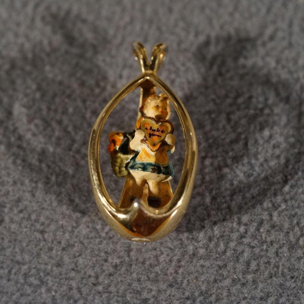 Vintage Sterling Silver Yellow Gold Overlay Painted Porcelain Encased Caged Hummel Style Female Figural Design Pendant Charm   #682     **RL