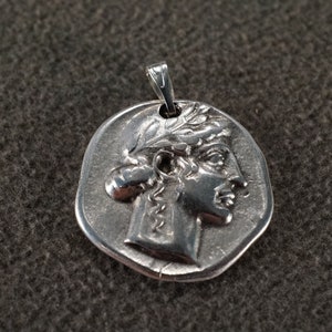 Vintage Silver Plated Greek Mediterranean Ancient Greek Classic Coin Design Popular Design Dangle Charm Pendant Art Nouveau Style Unisex