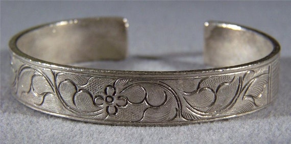 Vintage Silver Plated Bold Wide Fancy Etched Bangle Cuff