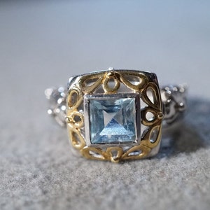 Vintage Sterling Silver Yellow Gold Overlay Square Blue Topaz Fancy Filigree Scrolled Regal Band Victorian Style Ring, Size 5.5       **RL