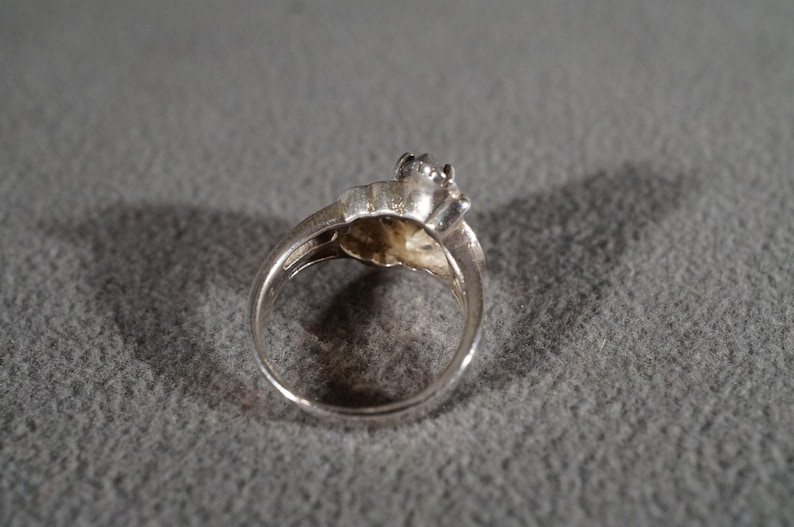 Vintage Sterling Silver Marquise Moon Stone Fancy Ribbed Etched Scrolled Band Ring Size 6 **RL