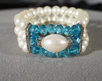 Vintage Silver Tone 3 Strand Multi Round Glass Faux Pearl Blue Aurora Borealis Rhinestone Bold Wide Bracelet