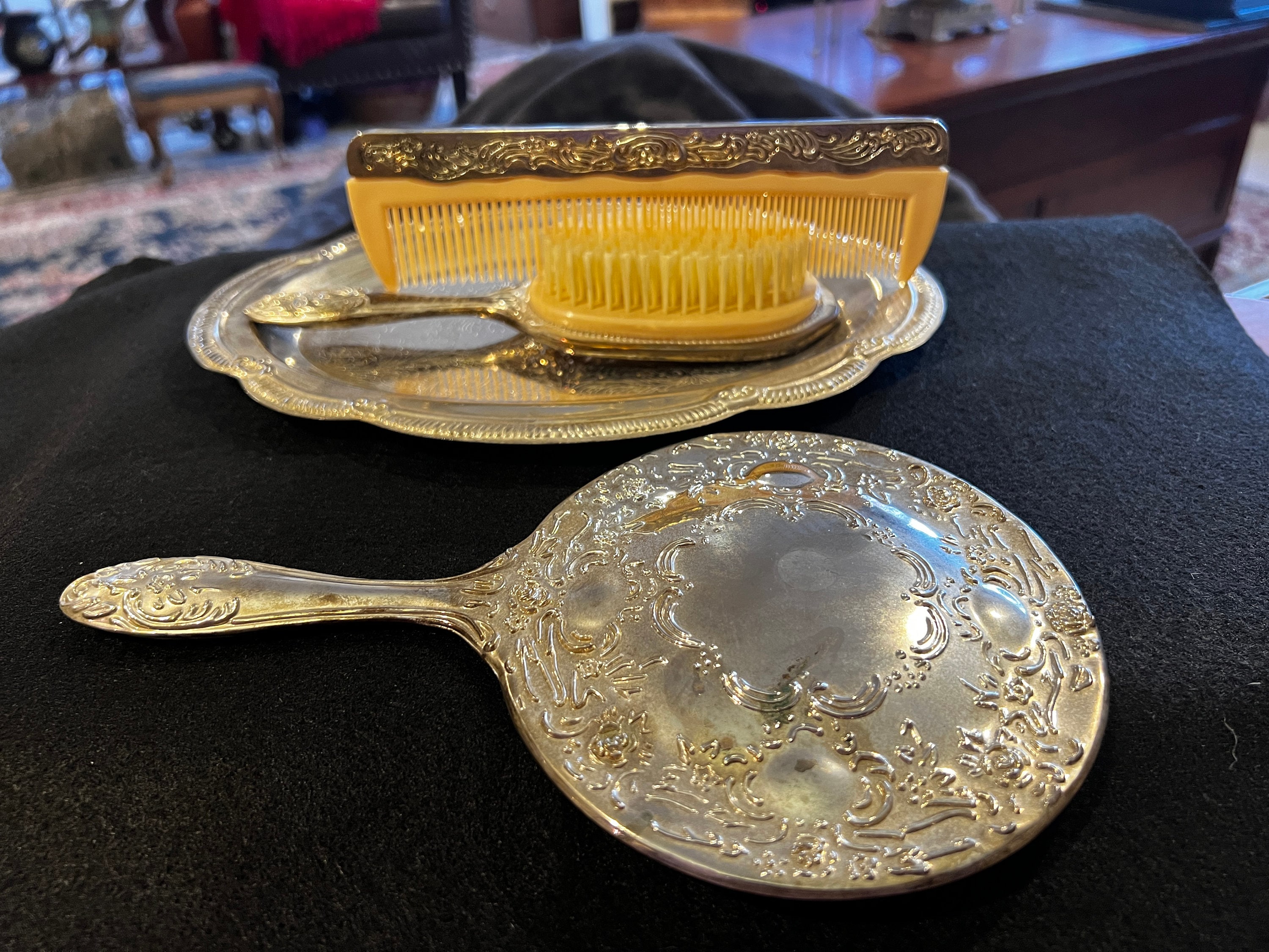 vintage silver dresser set Vintage Silver Plate Vanity Dresser Set Matching Hand Mirror Brush Comb  Tray Raised Relief Scroll Floral Design Victorian Style Home Decor