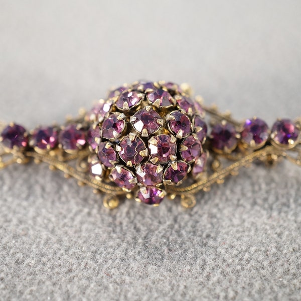 Antique Vintage Pin Brooch Yellow Gold Tone Multi Round Prong Set Purple Glass Rhinestones Raised Relief Cluster Multi Stone Setting   #2138