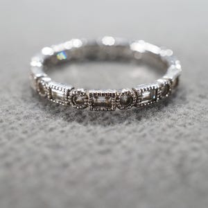 Vintage Wedding Eternity Band Stacker Design Ring Sterling Silver Multi Round Rectangle Bezel Set Cubic Zirconia Classic Collectable Size 10