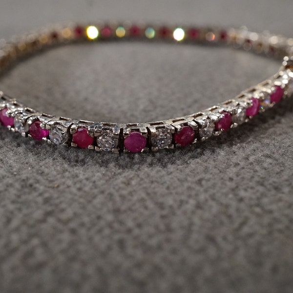 Vintage Sterling Silver Tennis Design Bracelet 51 Round Prong Set Ruby White Topaz Station Line Link Classic Setting Art Deco Style    #2776