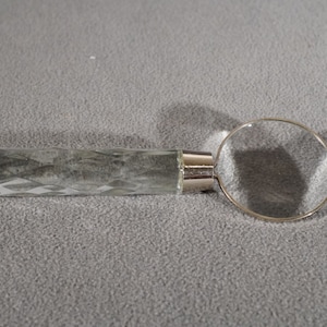 Vintage Silver Tone Fancy Etched  Carved Glass Handled Table Top Magnifier Glass