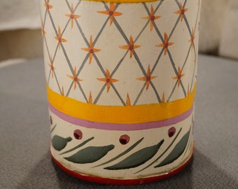 Vintage Signed Mackenzie Childs Multi Color Hand Painted Metal Pen Pencil Desk Top Container Holder Collectible Office Home Decor Table Top