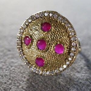 Vintage Sterling Silver Yellow Gold 5 Round Ruby  48  Round  White Topaz Fancy Hallo Design Band Ring, Size 9