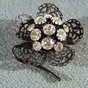 Vintage multi  Round Rhinestone Jet Black Enamel Big Floral Art DEco Style  Pin Brooch
