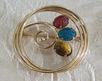 Vintage 12 K Yellow Gold Filled 3 Oval Fancy Carved Carnelian Tigers Eye Green Agate Scarab Pin Brooch         **RL