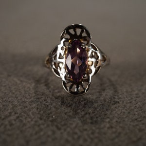 Vintage Sterling Silver Band Ring Marquise Prong Set Amethyst Fancy Scrolled Filigree Setting Victorian Style Classic Collectable, Size 6