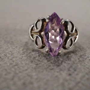 Vintage Sterling Silver Wedding Band Stacker Design Ring Marquise Prong Set Amethyst Scrolled Setting Victorian Style Collectable, Size 8
