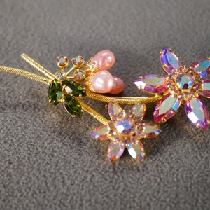 Antique Vintage Pin Brooch Yellow Gold Tone Multi Round Oval Marquise Prong Set Faux Pearl Glass  Aurora Borealis Rhinestones Floral   #2140