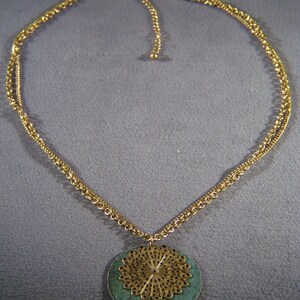 Vintage Yellow Gold Tone filigree Enamel big pendant Charm Necklace Chain    W