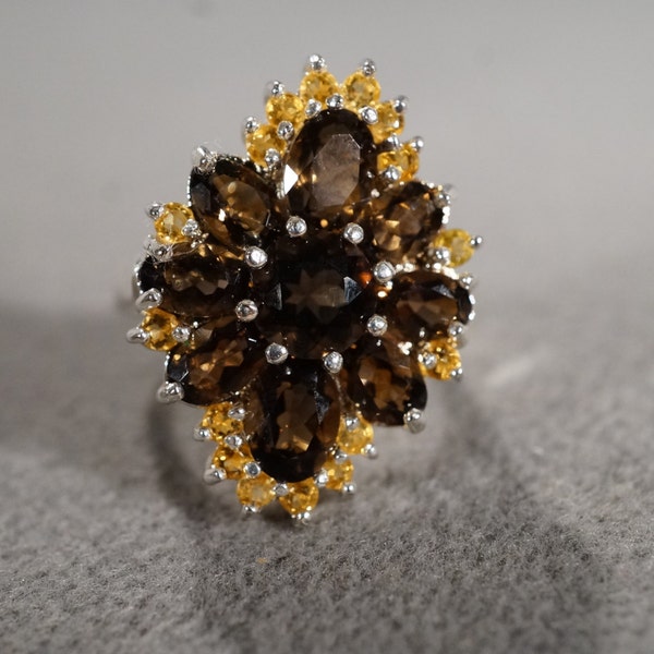 Vintage Serling Silver Band Ring 25 Round Pear Smokey Quartz Golden Citrine Large Cluster Style, Size 9