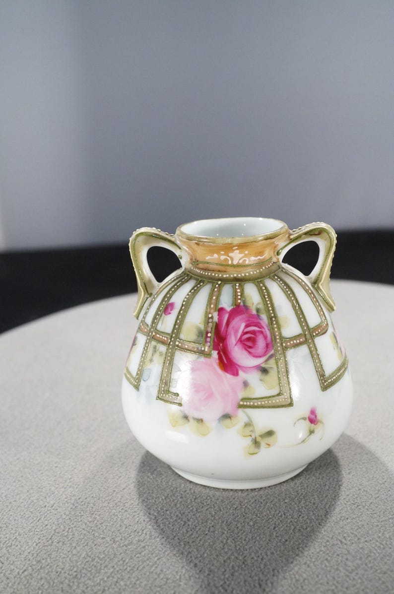 Antique Signed Nippon Porcelain Vase Hand Painted Moriage Style Roses ...
