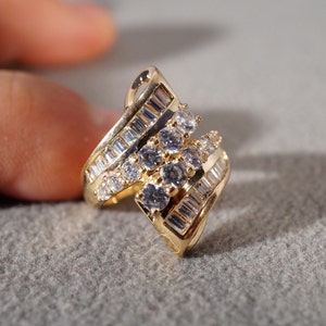 Vintage Sterling Silver Yellow Gold Overlay 30 Round Baguette Cubic Zirconia Bypass Wide Design Band Ring, Size 7.5