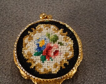 Antique Vintage Trinket Pill Jewelry Box Yellow Gold Tone Round Hinged Design Hand Made Needlepoint Pettipoint Multi Colored Flowers  #2618