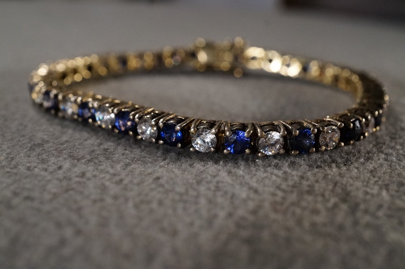 Vintage Sterling Silver Gold Overlay Tennis Bracelet 40 Round Prong Set Blue Clear Cubic Zirconia Line Link Station Art Deco Style #2732