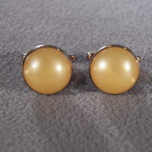 Vintage Yellow Gold Tone Round Domed Faux Pearl Unisex  Art Deco Style Cuff Links