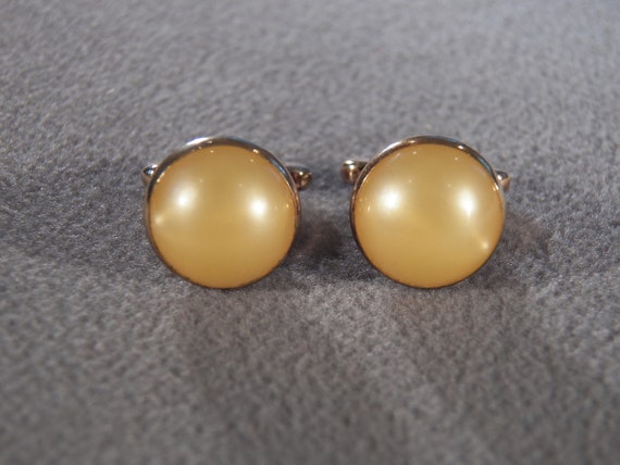 Vintage Yellow Gold Tone Round Domed Faux Pearl U… - image 1
