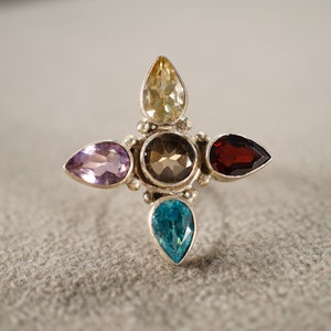 Vintage Band Ring Sterling Silver 5 Round Pear Bezel Set Amethyst Blue Topaz Golden Citrine Garnet Cluster Multi Stone Halo Setting, Size 7