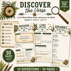 Op de afbeelding: Een printbare PDF-download getiteld Discover the Verse, een 10-weken bijbelstudie-avontuur voor kinderen. De set bevat drie pagina's met illustraties van een kompas, vergrootglas en varens, met secties voor verzen, missies en veldnotities.