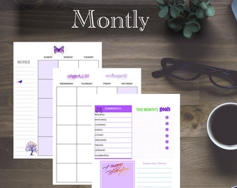 Purple Undated Monthly layout / Month notes / Calendar Template with Dashboard ; Classic 7 x 9.25 - Disc bound PLANNER PRINTABLE