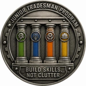 Op de afbeelding: Een ronde zilverkleurige medaille met de tekst JUNIOR TRADESMAN PROGRAM bovenaan en BUILD SKILLS, NOT CLUTTER onderaan. Vier verticale zuilen tonen ronde iconen: een moersleutel met tandwiel, een gloeilamp, handen met een tandwiel en een veiligheidshelm.
