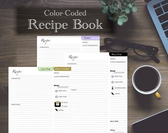 Color Coded Cook book / Recipe book / Journal / Recipe pages / Meal notes / Refills / Insert: Classic 7 x 9.25 - Disc bound PLANNER PRINTABL