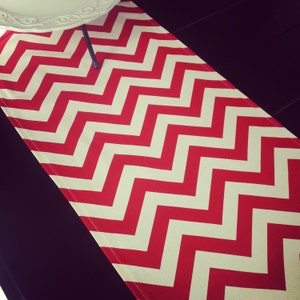 Puede incluir: Caminero de mesa rojo y blanco con diseño de chevron. El camino de mesa está hecho de tela y tiene un patrón de zigzag.