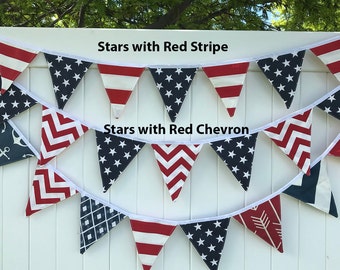 Double Sided Fabric Bunting Banner -  Red and Navy Pennant Flags- Party Decoration or Photo Prop-- 4th of July America