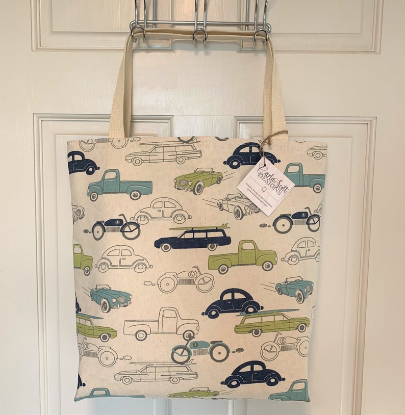 Classic Cars Blue Green Duck Cloth Tote Bag grocery market library