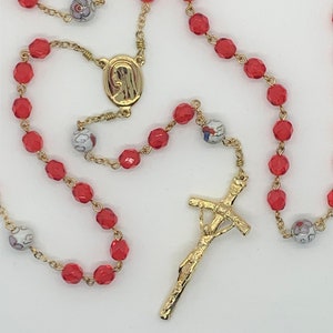 Red Cloisonne Rosary, Gold toned, Glass beads, Mother&#39;s Day, July birthday