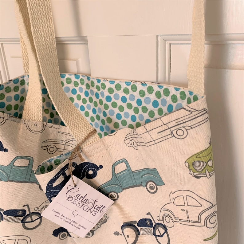 Classic Cars Blue Green Duck Cloth Tote Bag grocery market library