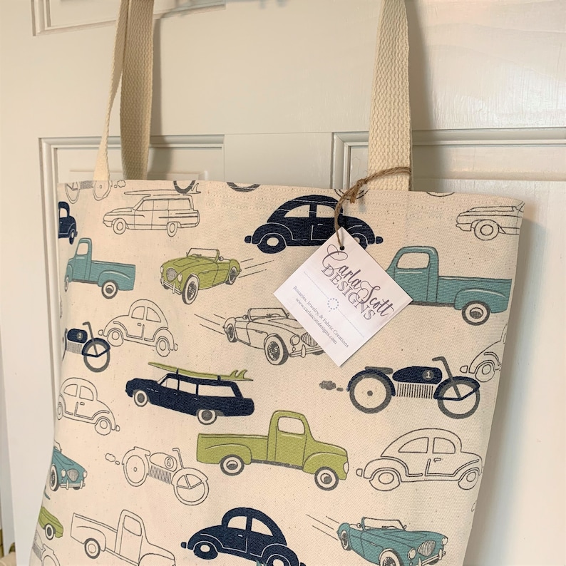 Classic Cars Blue Green Duck Cloth Tote Bag grocery market library
