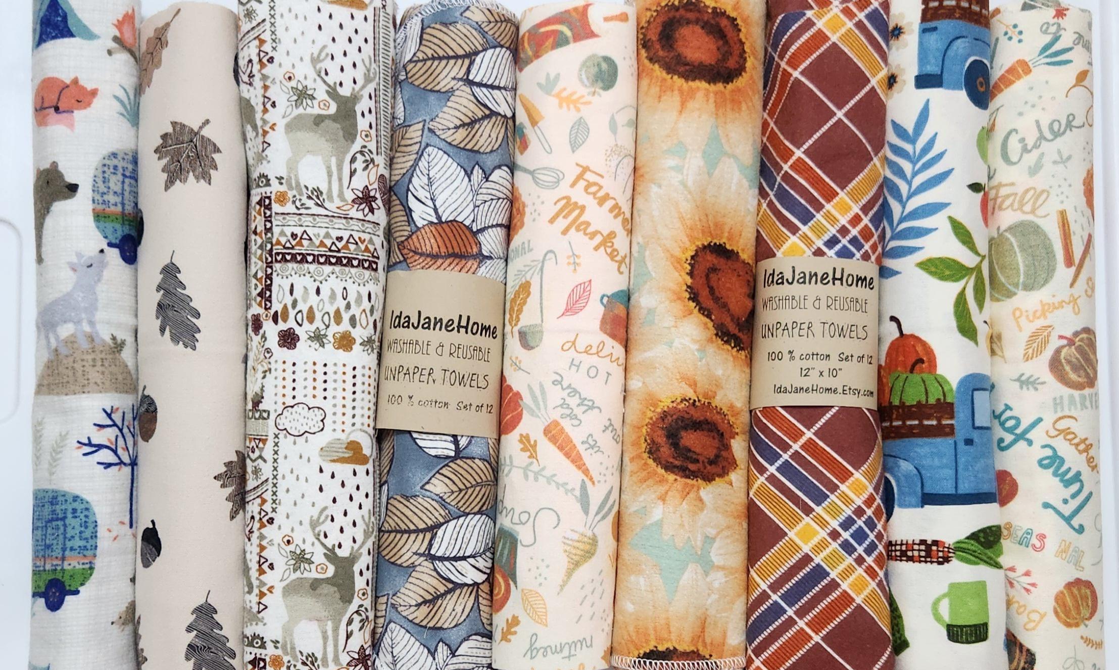 Fall print Unpaper towels/ Kitchen reusable non paper towels/Napkins. Housewarming Gift/ Zero waste. Set of 12 assorted prints.